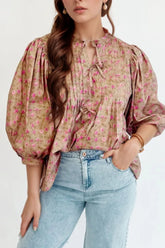 Floral Print Bow Pintuck Bust Half Puff Sleeve Blouse Top OutfitFlow